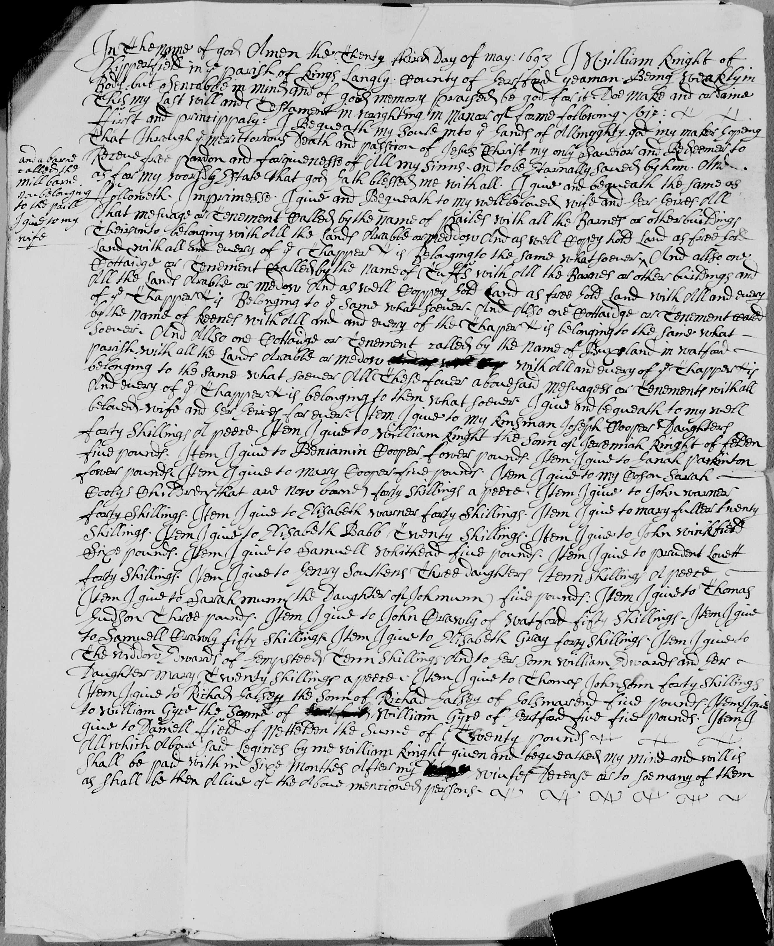 William Knight of Chipperfield, Yeoman – Last Will & Testament 1693