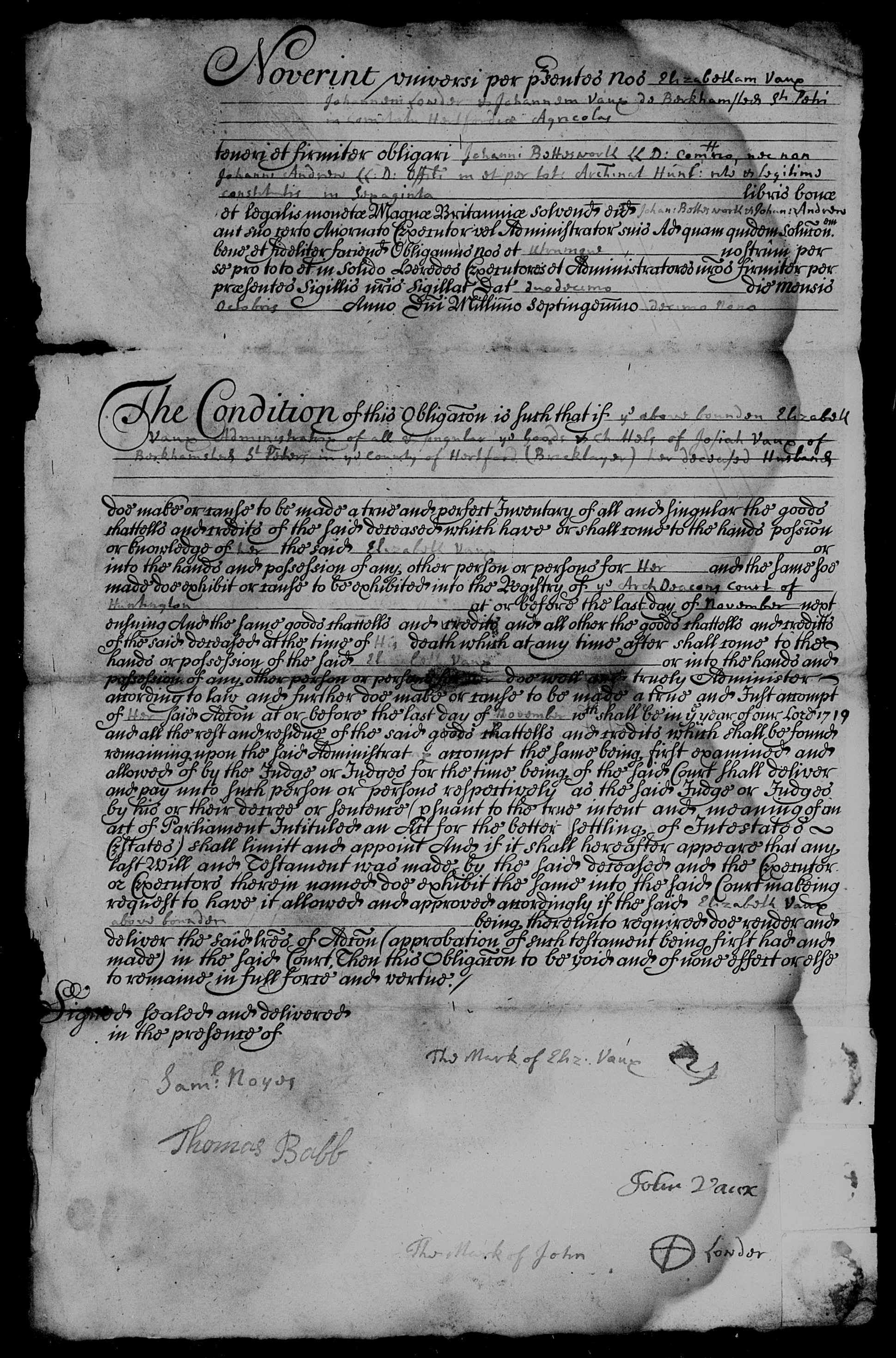 Josiah Vane of Berkhamsted, St Peters – Estate Bond, 12 Oct 1719